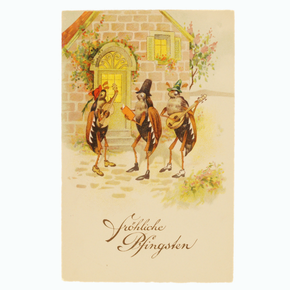 Antike originale gelaufene Postkarte Frohe Pfingsten Maikäfer musizieren um 1900 PK24