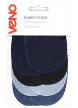 Załaduj obraz do przeglądarki galerii, Jeans-Bügelflecken oval, Sortiment mit 4x2 Stück, Aufbügelflicken klein, in Schwarz, Mittelblau, Dunkellblau und Hellblau 9,5 x 7 cm KW149

