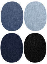 Cargar imagen en el visor de la galería, Jeans-Bügelflecken oval, Sortiment mit 4x2 Stück, Aufbügelflicken klein, in Schwarz, Mittelblau, Dunkellblau und Hellblau 9,5 x 7 cm KW149
