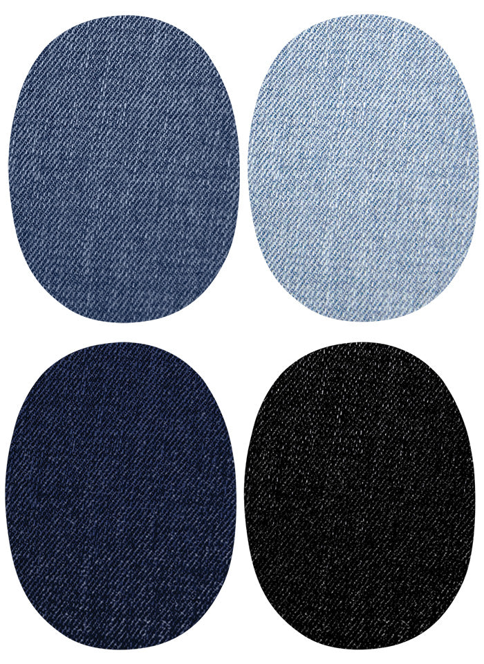 Jeans-Bügelflecken oval, Sortiment mit 4x2 Stück, Aufbügelflicken klein, in Schwarz, Mittelblau, Dunkellblau und Hellblau 9,5 x 7 cm KW149