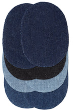Load image into Gallery viewer, Jeans-Bügelflecken oval, Sortiment mit 4x2 Stück, Aufbügelflicken klein, in Schwarz, Mittelblau, Dunkellblau und Hellblau 9,5 x 7 cm KW149
