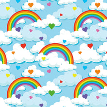 Load image into Gallery viewer, EUR 14,50/m Jersey mit Regenbogen oder Einhorn Herzen Wolken, DIGITALDRUCK Türkis Weiß Regenbogengfarben  0,50mx1,50m Art 3073
