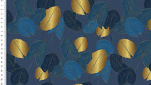 Lade das Bild in den Galerie-Viewer, EUR 17,90/m Viskosejersey Golden Leaves DIGITALDRUCK in Marine-Gold oder Beige-Gold 0,50mx1,50m Art 3277
