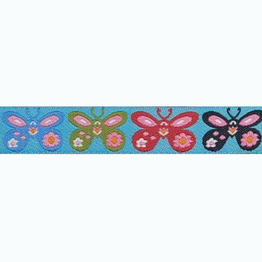 Webband / Kleidungsband Schmetterlinge pink gelb blau Breite18 mm KW250
