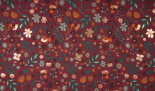 Charger l&#39;image dans la galerie, EUR 18,90/m Jersey mit Foliendruck metallisch kupfer, Vögel und Blumen in drei Farben 0,50mx1,45m Art 3263
