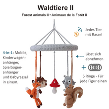 Carregar imagem no visualizador da galeria, Gehäkeltes Baby-Mobile mit Rasseln WALDTIERE 2 SindiBaba Fuchs Igel Eule Eichhörnchen P221
