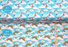 Load image into Gallery viewer, EUR 14,50/m Jersey mit Regenbogen oder Einhorn Herzen Wolken, DIGITALDRUCK Türkis Weiß Regenbogengfarben  0,50mx1,50m Art 3073
