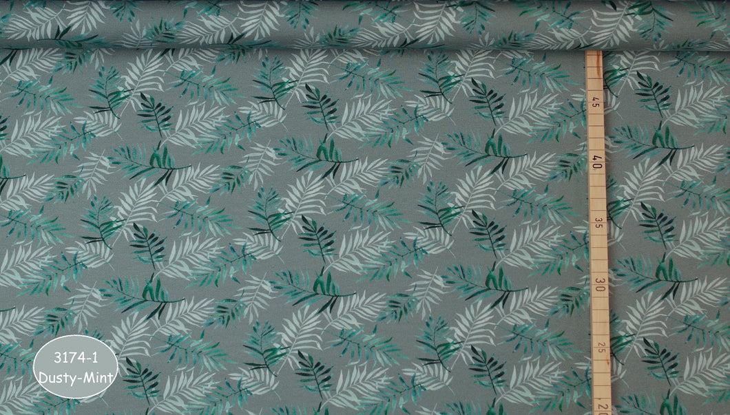 EUR 17,50/m Jersey DIGITALDRUCK Palmblätter, Baumwolljersey in Dusty-Mint oder Blau0,50mx1,50m Art 3174