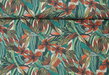 Lade das Bild in den Galerie-Viewer, EUR 14.00/m Baumwolle, Dekostoff, Taschenstoff mit Blüten Blättern, Grün Grün Orange Beige 0.50 m Art  1729

