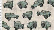 Load image into Gallery viewer, EUR 17,90/m French Terry mit Jeeps, Camouflage oder Saurier zum kombinieren 0,50mx1,50m Art 3272
