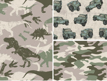 Load image into Gallery viewer, EUR 17,90/m French Terry mit Jeeps, Camouflage oder Saurier zum kombinieren 0,50mx1,50m Art 3272
