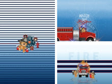 Lade das Bild in den Galerie-Viewer, Jersey 3er Panel DIGITAL Stenzo Feuerwehr Teddys Stoff für Kinder 0.75mx1.50m Art 3360
