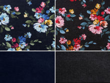 Carregar imagem no visualizador da galeria, EUR 17,90/m Alpensweat Blumen &amp; Uni Jeansoptik zum kombinieren marineblau oder schwarz 0,50mx1,50m Art 3296
