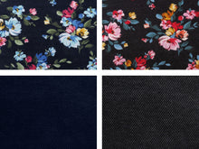 Load image into Gallery viewer, EUR 17,90/m Alpensweat Blumen &amp; Uni Jeansoptik zum kombinieren marineblau oder schwarz 0,50mx1,50m Art 3296
