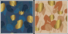 Cargar imagen en el visor de la galería, EUR 17,90/m Viskosejersey Golden Leaves DIGITALDRUCK in Marine-Gold oder Beige-Gold 0,50mx1,50m Art 3277
