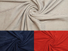 Lade das Bild in den Galerie-Viewer, EUR 13,90/m Nicki- Cord, elastisch, quer gestreift Blau, Rot und Beige 0,50mx1,45m Art 3059
