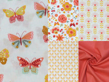 Load image into Gallery viewer, Baumwolle Schmetterlinge, Blüten, Knospen, Blumen und Unistoff zum kombinieren 0,50mx1,48m Art 3092
