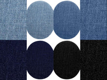 Lade das Bild in den Galerie-Viewer, Jeans-Bügelflecken, Aufbügelflicken klein, in Schwarz, Mittelblau, Dunkellblau und Hellblau 11 x 8,5 cm KW148

