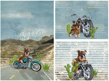 Load image into Gallery viewer, Jersey Panel mit drei Motiven auf einer Stoffbahn, Motorräder, Biker-Dogs, Bikes 0,75mx1,50m Art 3111
