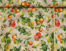 Load image into Gallery viewer, EUR 13,90/m Dekostoff mit Äpfel, Zitronen, Früchte &quot;Panama&quot; beige grün orange gelb weiß 0,50mx1,35m Art 2954
