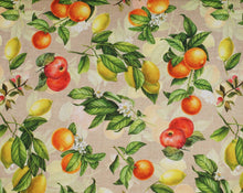 Carregar imagem no visualizador da galeria, EUR 13,90/m Dekostoff mit Äpfel, Zitronen, Früchte &quot;Panama&quot; beige grün orange gelb weiß 0,50mx1,35m Art 2954
