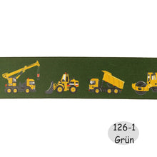 Ladda upp bild till gallerivisning, EUR 2,69/m Gummiband 4cm mit Baufahrzeugen in Grün, Beige oder Blau 100cmx4cm KW126
