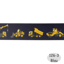 Załaduj obraz do przeglądarki galerii, EUR 2,69/m Gummiband 4cm mit Baufahrzeugen in Grün, Beige oder Blau 100cmx4cm KW126
