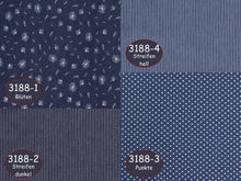 Carregar imagem no visualizador da galeria, EUR 14,90/m Jeansstoffe Blüten, Punkte, Streifen in blau und hellblau 0,50m Art 3188
