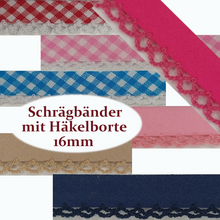 Cargar imagen en el visor de la galería, Schrägband Häkelborte versch. Muster Farben Vichy-Karo, Uni 16mm KW252
