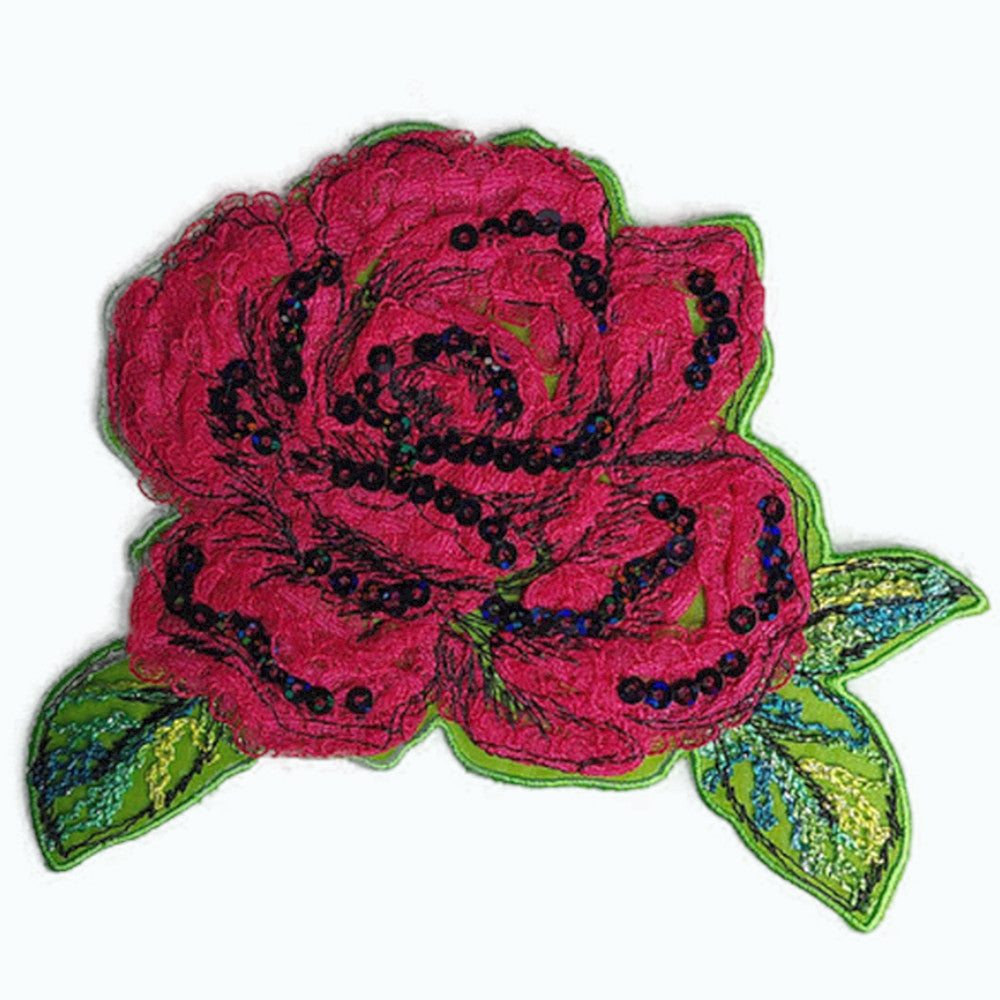 Bügelbild Aufnäher VENO 11 x 13 cm Rose bestickt mit Pailletten KW234