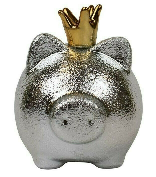 Sparschwein mit Krone gross, matt-Silber gold, Spardose, Sammeln, Geschenk, Deko Art SD07